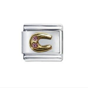 Italian Charmlink for Charm Bracelet Horse Shoe with Pink‎ Gems 9mm